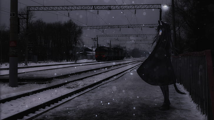 anime girls, railway, train, snow, dark, urban