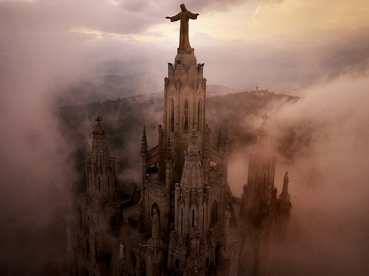 Barcelona  cathedral  Spain  Jesus Christ  architecture  hills  birds eye view  clouds  city  church  mist  tower  building  statue