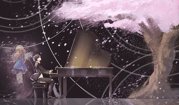 male playing piano near cherry blossom tree painting, anime girls