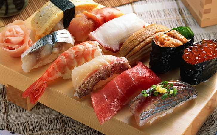 raw sushis, rolls, meat, fish, food, seafood, salmon, meal, gourmet, HD wallpaper