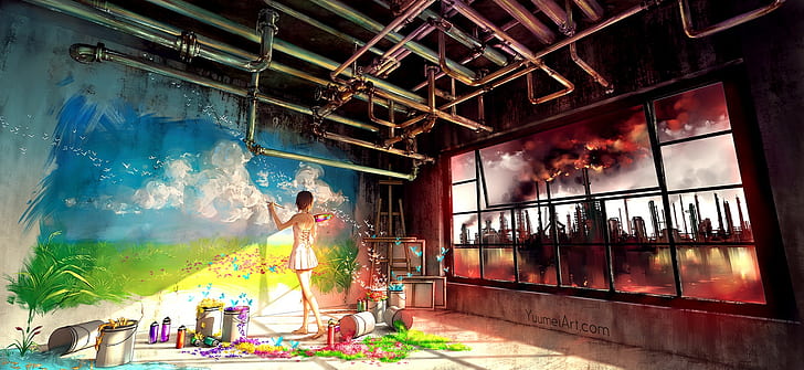 painters, Yuumei, room, painting, cityscape, contrast, clouds