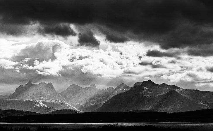 Mountains Black and White Landscape, grayscale photography of mountain