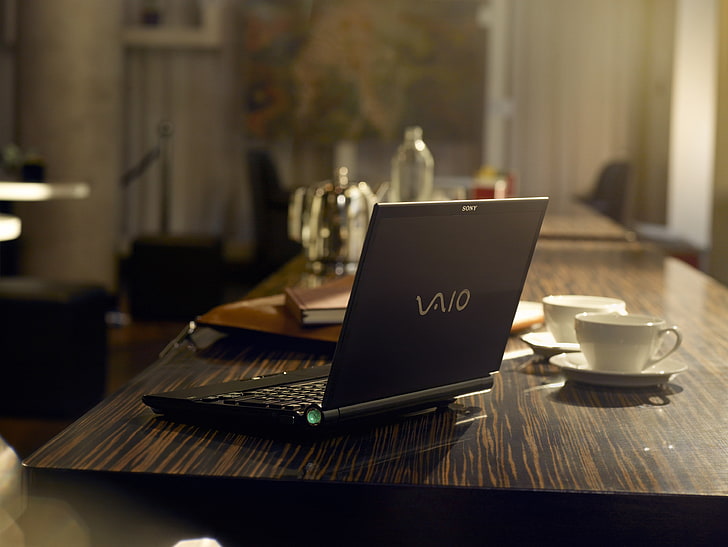 black Sony Vaio laptop, computer, table, coffee - Drink, technology, HD wallpaper