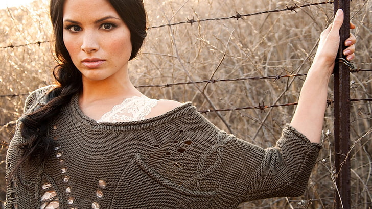 women's gray knit sweatshirt, model, brunette, long hair, face, HD wallpaper