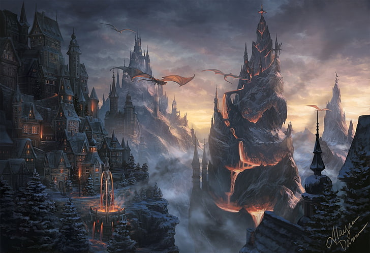 Fantasy, City, Building, Dragon, House, Lava, Mountain, sky