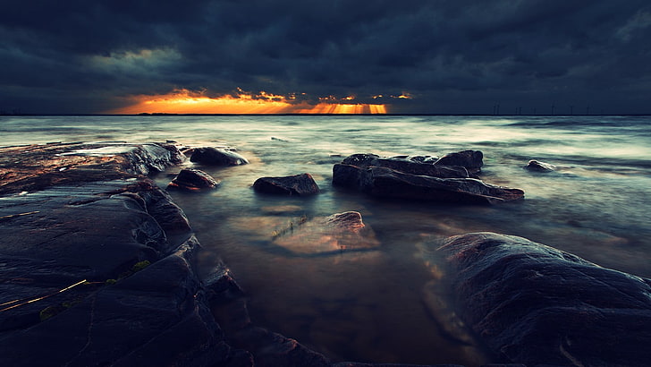 yellow sun rays, photo of boulders near sea, landscape, sky, nature, HD wallpaper