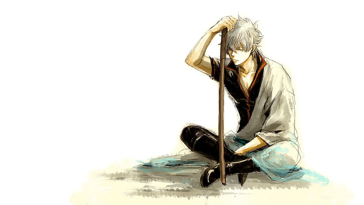 Gintama Sakata Gintoki illustration, anime, white hair, anime boys, HD wallpaper