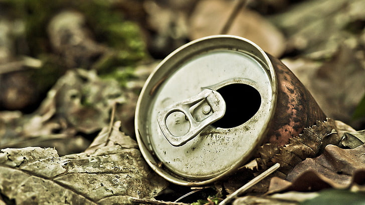 brown and gray can on leaves photography, HDR, macro, metal, old