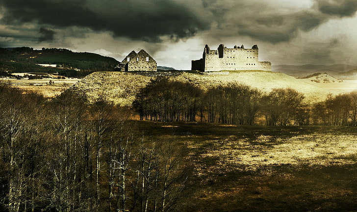 dark, ruin, castle, sky, landscape, Scotland, built structure