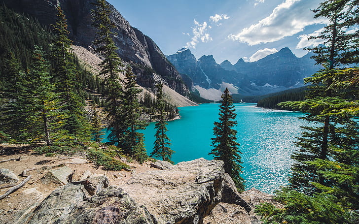 Moraine Lake, Banff, Canada, blue lake, forest, mountain, HD wallpaper