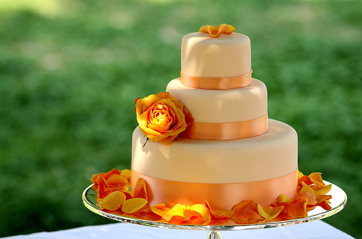white and orange icing covered 3-layer cake, food, dessert, sweet, HD wallpaper
