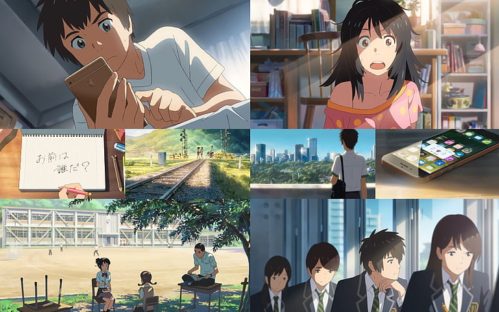 animated black haired woman collage, Kimi no Na Wa, cellphone