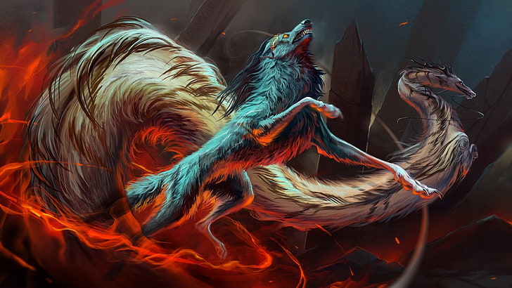Fantasy Animals, Creature, Dragon, Fire, Wolf