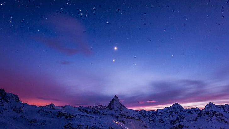 mountain photo decor, nature, mountains, night, sky, snow, star - space