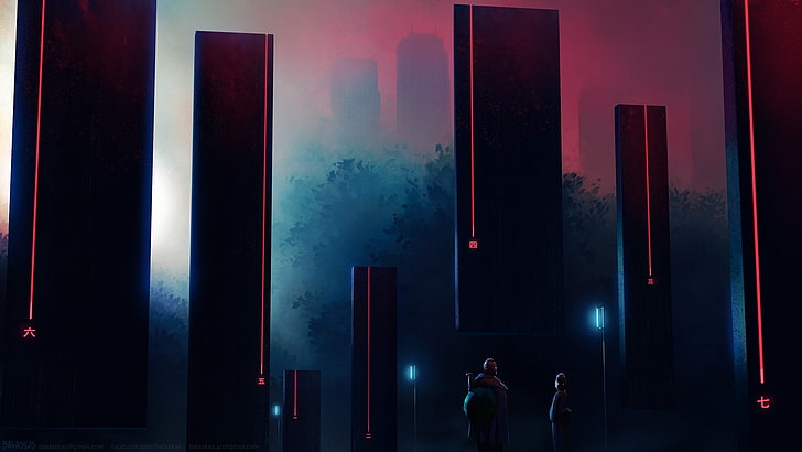 black and red buildings game wallpaper, pillar, structure, cyberpunk, HD wallpaper