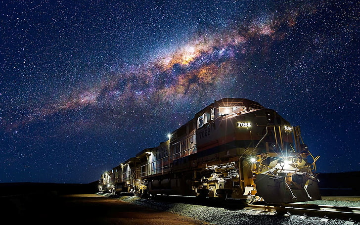 train under starry night digital wallpaper, Milky Way, stars, HD wallpaper