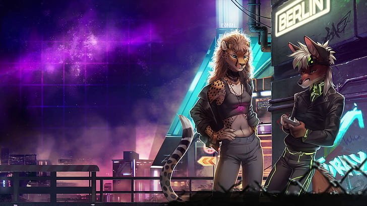 Fox, The city, Stars, Neon, Background, Electronic, Cheetah