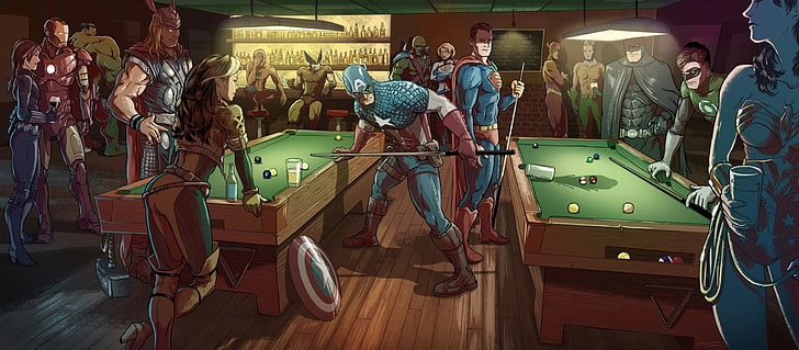 Superheroes wallpaper, Captain America, Superman and Thor playing billiards illustration