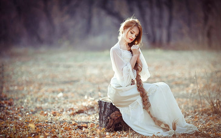 autumn, forest, grass, look, leaves, girl, trees, nature, sweetheart