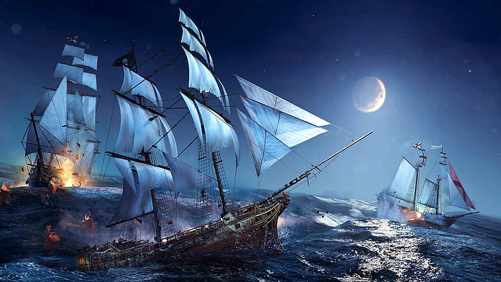 pirate ship, fantasy art, moon, sea, wave, water, waves, HD wallpaper