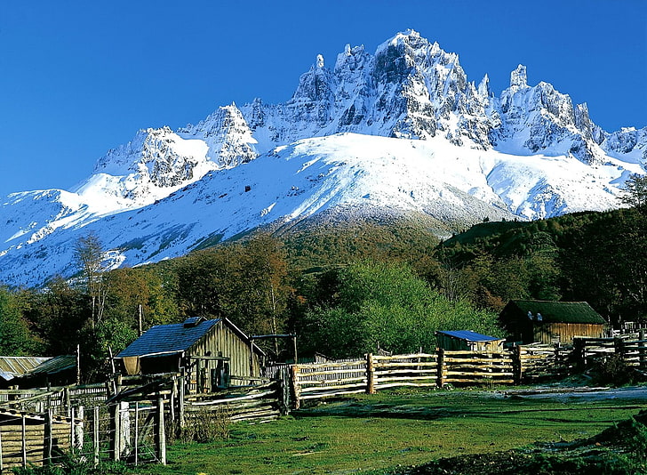 fence, mountains, trees, grass, snowy peak, Chile, Patagonia, HD wallpaper
