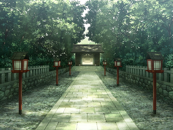 temple, landscape, trees, shrine, anime