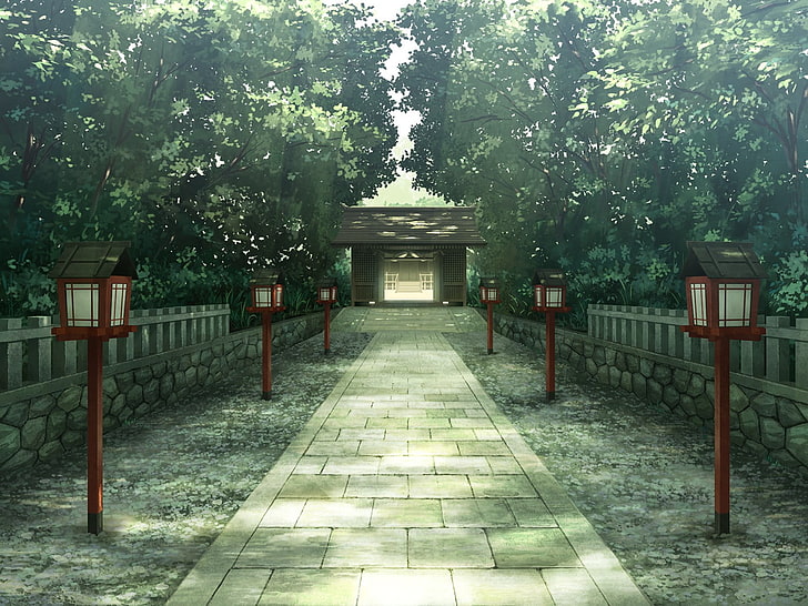 red street lamps, trees, temple, shrine, landscape, anime, plant
