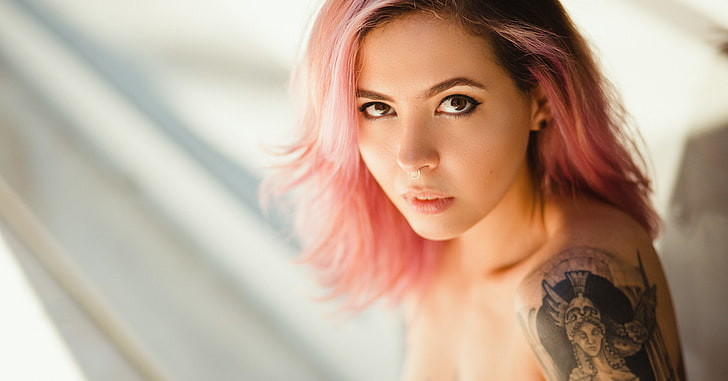women, face, portrait, tattoo, nose rings, dyed hair, headshot