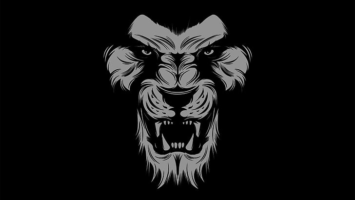 black, lion, art, graphics, fictional character, head, monochrome, HD wallpaper