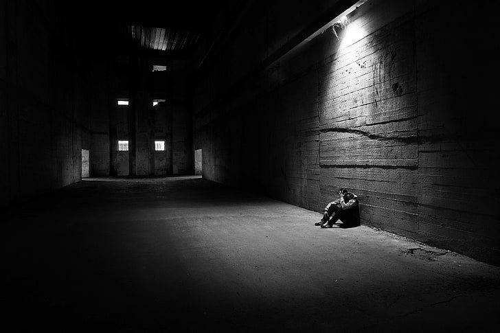 light, man, loneliness, melancholy, hangar, architecture, dark, HD wallpaper