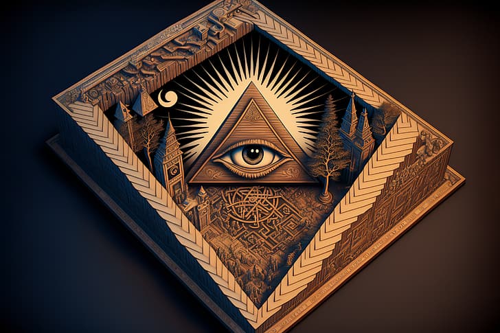 AI art, illustration, Illuminati, wood