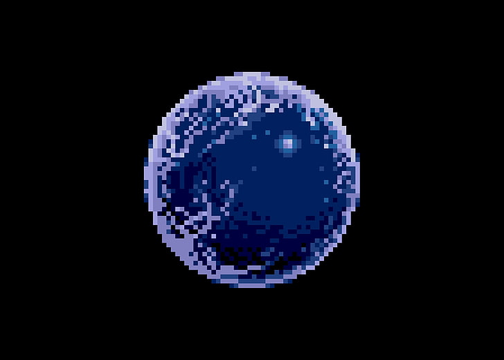 round purple ball, space, planet, pixels, pixel art, black background