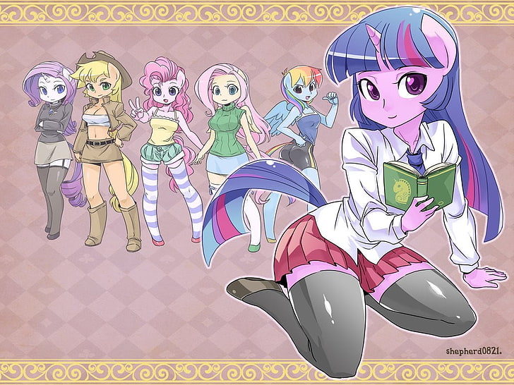 female animes illustration, My Little Pony, Applejack, Pinkie Pie