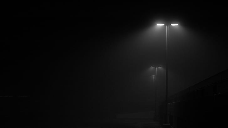 monochrome, night, black, street light, minimalism, mist, urban