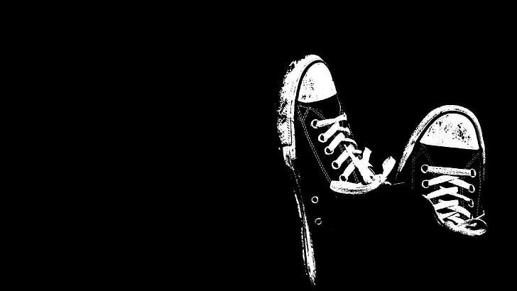 black-and-white sneakers artwork, All Star, shoes, copy space, HD wallpaper