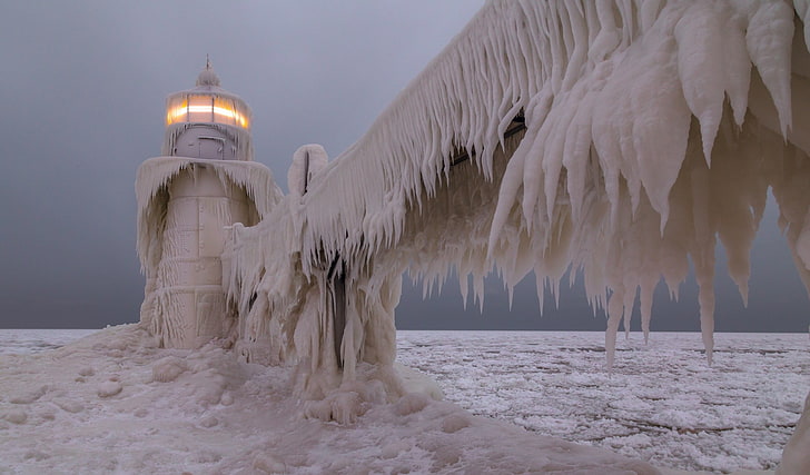 landscape, lighthouse, ice storm, cold temperature, snow, winter, HD wallpaper