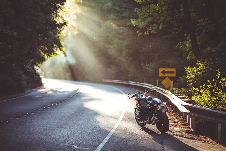 black motorcycle, highway, sun rays, BMW, transportation, road, HD wallpaper