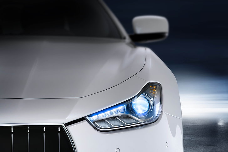unpaired automotive headlight, Maserati, white, car, vehicle, HD wallpaper