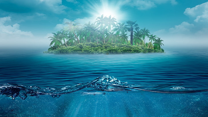 island with coconut trees digital wallpaper, beach, sea, water