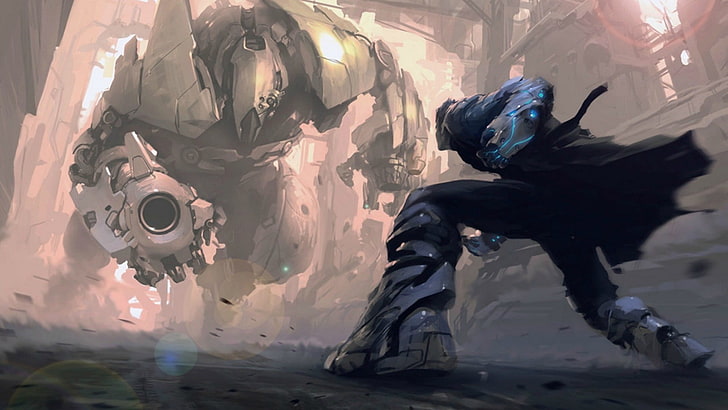 videogame digital wallpaper, mech, cyborg, fighting, futuristic