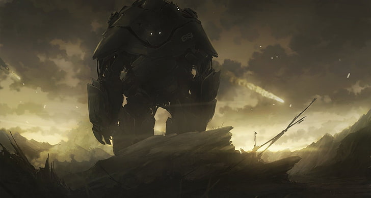 gray robot wallpaper, giant, science fiction, artwork, sky, mountain