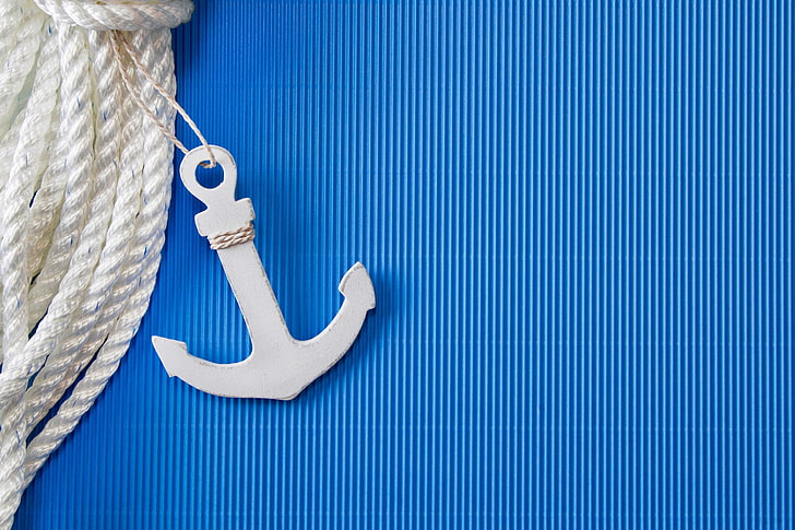 white anchor hanging decor, strip, background, blue, rope, close-up