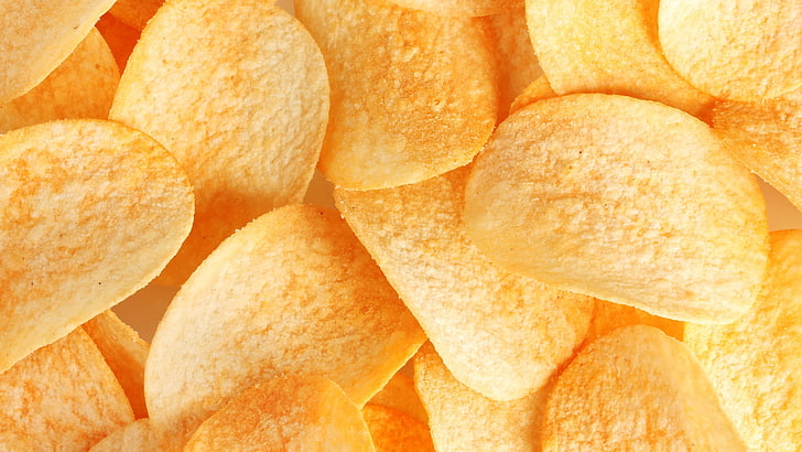 potato chips, snack, food, yellow, close-up, backgrounds, gourmet, HD wallpaper