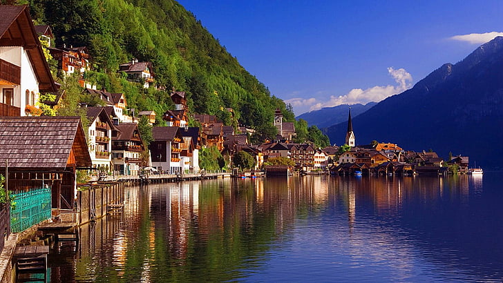 reflection, nature, mountain village, water, lake, sky, town, HD wallpaper