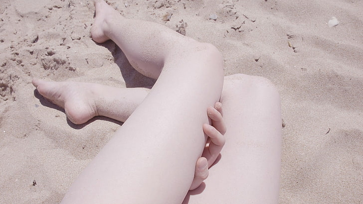 human legs, sand covered, women, fingers, model, women outdoors