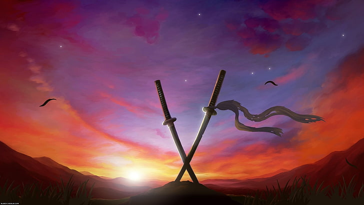 two gray swords anime wallpaper, digital art, sunset, fantasy art