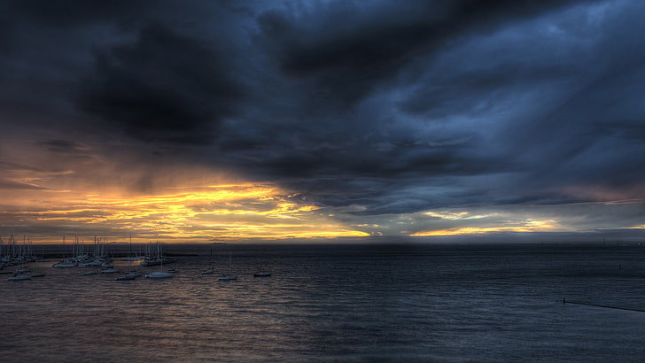 nature, landscape, HDR, overcast, sea, water, cloud - sky, sunset