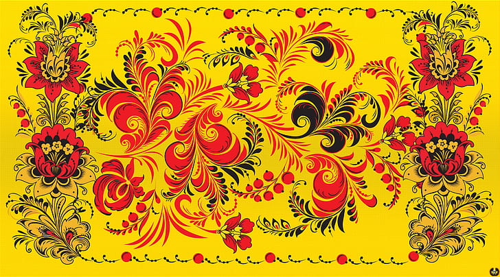Flowers, Red, Yellow, Style, Background, Painting, Art, Khokhloma