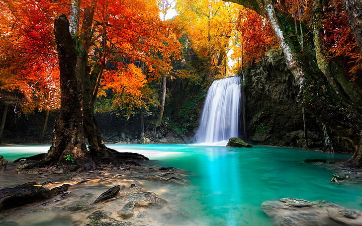 waterfalls surrounded by trees, waterfalls painting, colorful