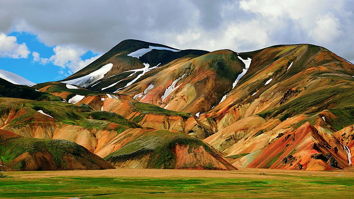 grass covered mountains painting, nature, landscape, Iceland